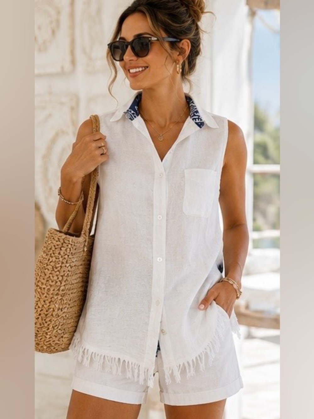 Tizzie Sun Valley Linen Fringe Tunic Top Medium Coastal Resort EUC